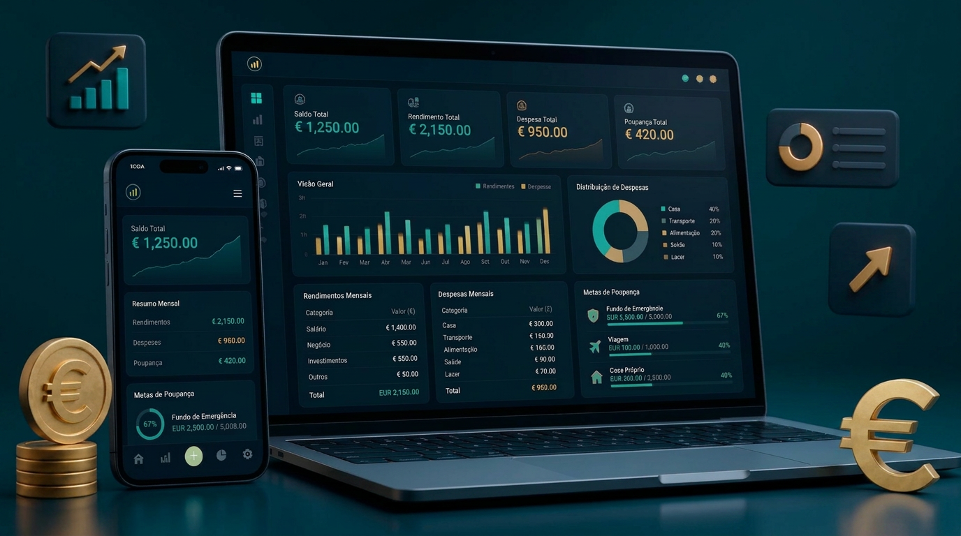 Painel financeiro Finança Simples no telemóvel e no computador com saldo, rendimentos, despesas e metas em euros