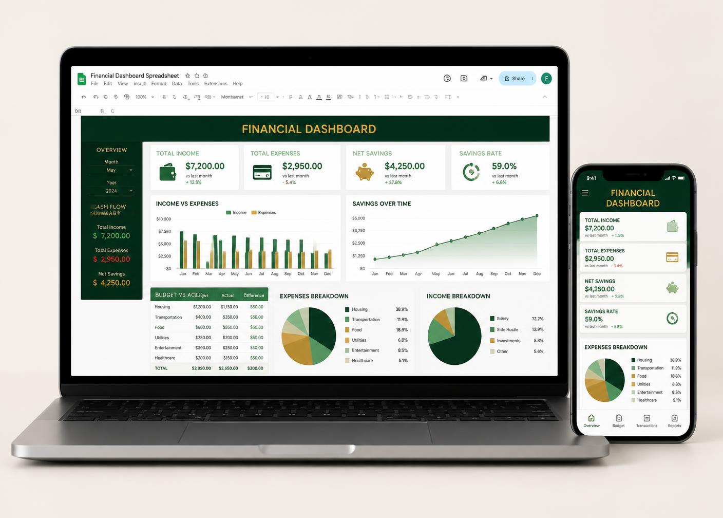 Folha de cálculo Finança Simples aberta no computador e no telemóvel